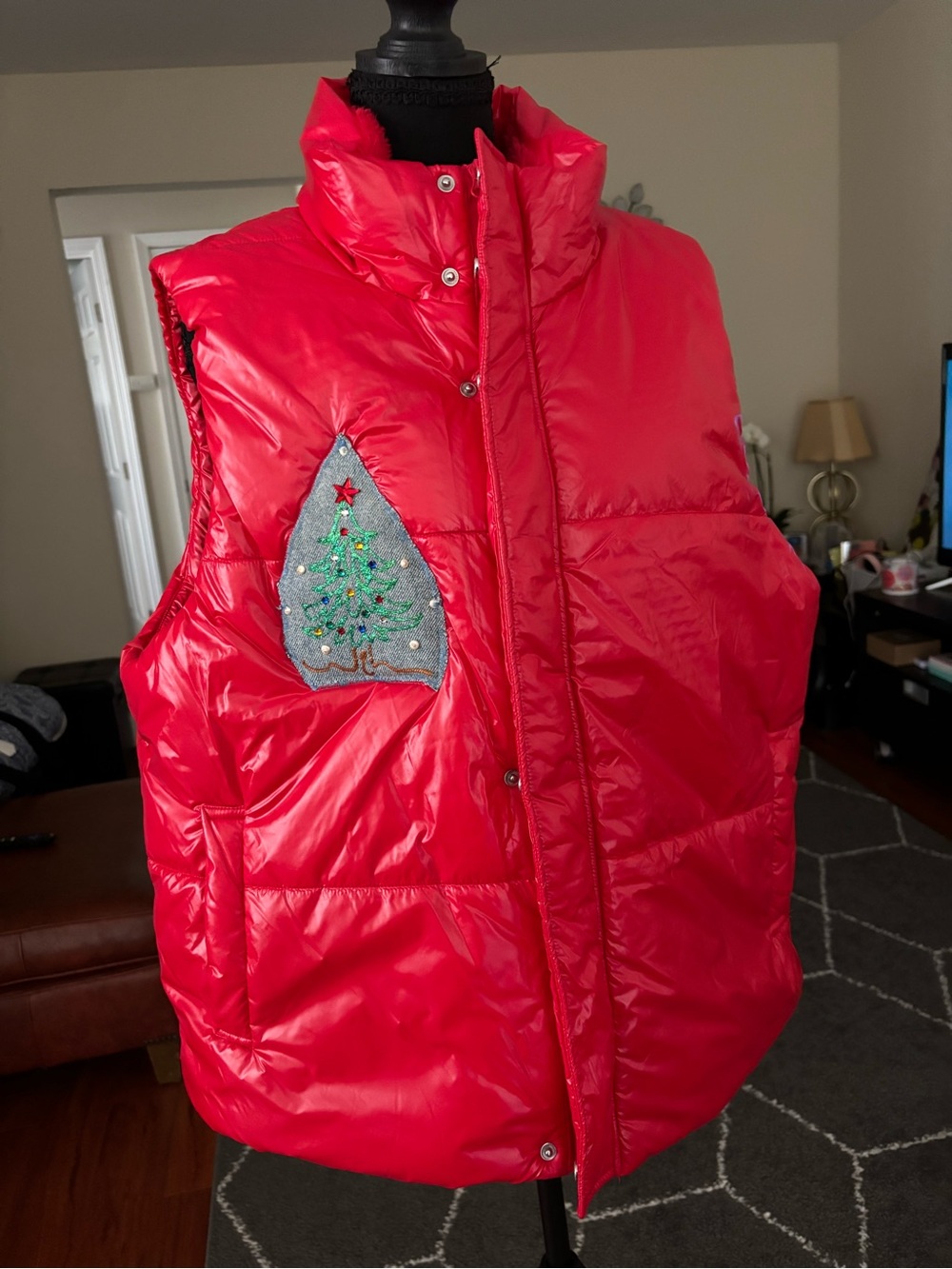 a new day Red Quilted Puffer Vest with Tree Patch XL